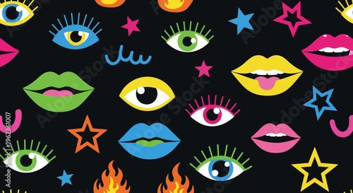Vibrant Pop Art Eyes and Lips Pattern on Black Background