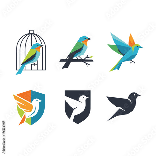 Set of 6 stylized bird logos and icons in geometric, flat design style