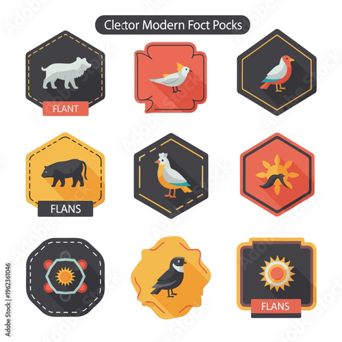 Set of 9 Vintage Animal and Nature Icons with Flat Design and Long Shadows