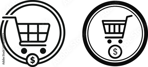 Shopping cart with dollar coin icon in circle frame vector illustration for ecommerce business and retail store sign.