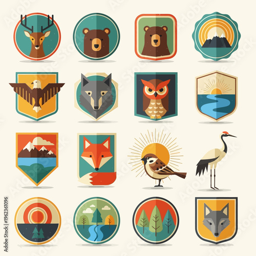 Set of Flat Animal and Nature Badges, Emblems, and Icons