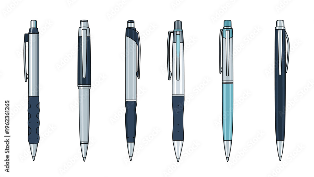 Fototapeta premium Assortment of different styles and colors of ballpoint pens for office supplies and stationery collections suitable for school and work use.