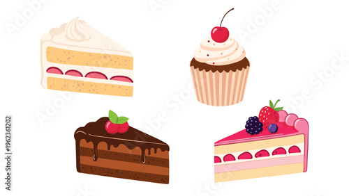 Tempting dessert selection featuring slices of layered strawberry cake, chocolate fudge cake, and a cupcake with a cherry.