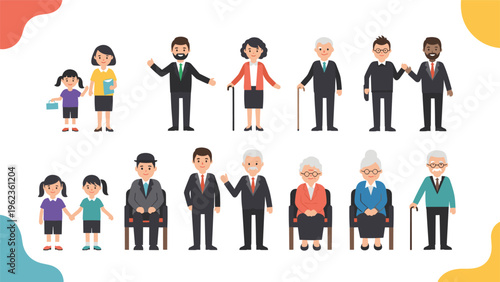 Group of people representing different generations from children and working adults to senior citizens with walking sticks.