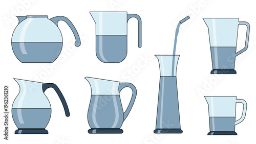 Different types of glass water pitchers and carafes filled with clear liquid for serving beverages in a kitchen or dining area.