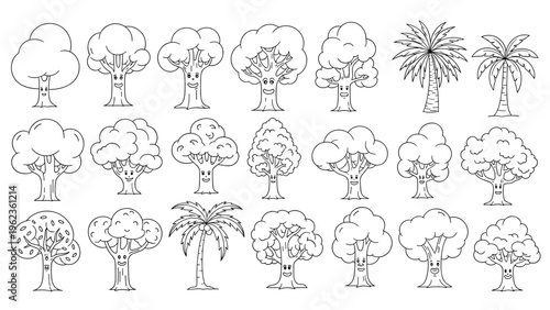 Collection of whimsical tree illustrations with friendly faces on the trunks representing different species and foliage types.
