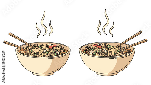 Two bowls of steaming hot ramen noodle soup served with chopsticks and garnished with green onions and protein toppings.