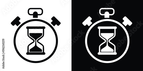 Stopwatch with hourglass symbol icon. Vector graphic combining two time elements to represent urgency, waiting time, and history. Perfect for management and countdown themes.