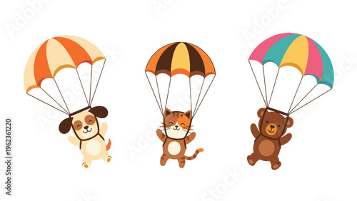 Cute animal characters including a dog, cat, and bear floating through the air with colorful striped parachutes in the sky.