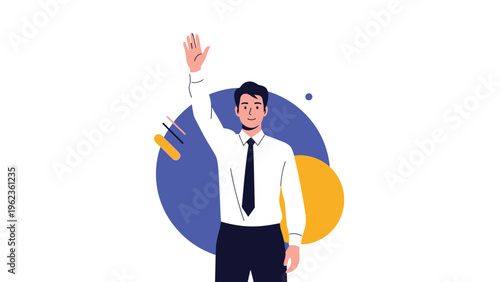 Professional man in a business shirt and tie waving his hand in a friendly gesture against a colorful abstract background.