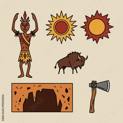 Native American Man, Buffalo, Sun, Cave, Axe - Ancient Culture and Wildlife