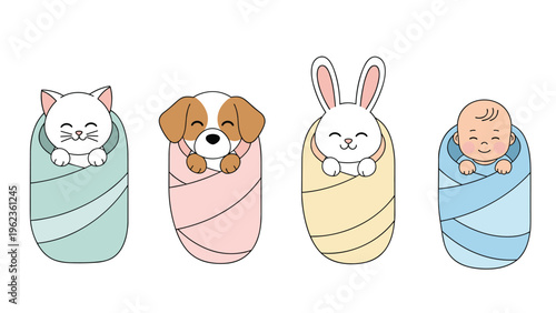 Adorable group of newborns featuring a human baby and baby animals like a kitten, puppy, and bunny swaddled in blankets.