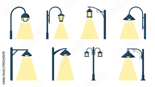 Various designs of outdoor street lamps and park lights casting a warm yellow glow for nighttime architectural visualization.