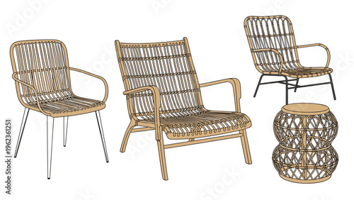 Stylish wicker furniture collection including woven armchairs and a matching small side table for a cozy patio or lounge.
