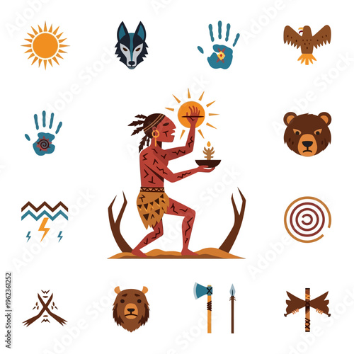Native American shaman holding sun and plant, surrounded by tribal symbols and animals