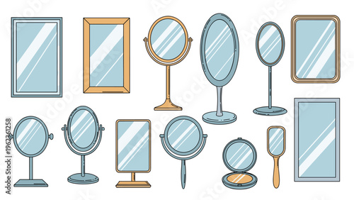 Collection of various mirror styles including standing vanity mirrors, hand mirrors, and wall-mounted rectangular glass frames.