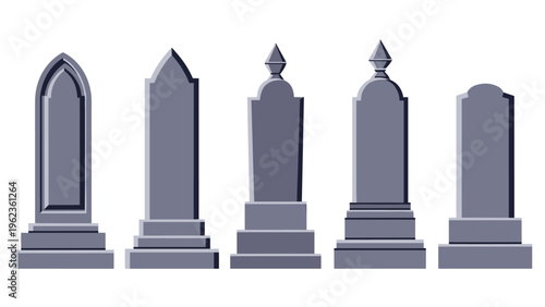 Various designs of grey granite tombstones and cemetery headstones standing on pedestals isolated for funeral and memorial concepts in art.
