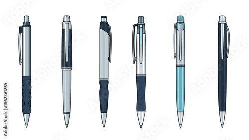 Assortment of different styles and colors of ballpoint pens for office supplies and stationery collections suitable for school and work use.