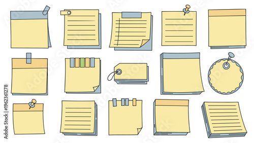Large collection of yellow sticky notes and memo pads with push pins and clips for organization planning and reminder messages in the office.