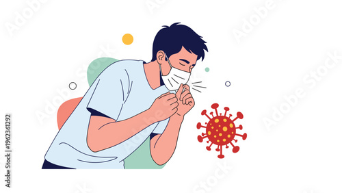 Illustration of a young man wearing a face mask while coughing near a virus molecule representing illness infection and health precautions.