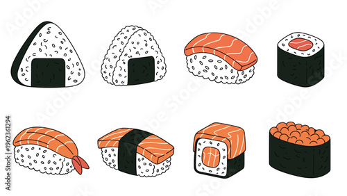 Selection of different types of sushi including nigiri maki and onigiri featuring salmon tuna and roe for Japanese cuisine menu planning.