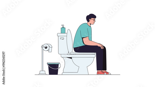 Young man sitting on a toilet in a bathroom setting with a bucket and paper roll representing digestive health and daily hygiene routines.