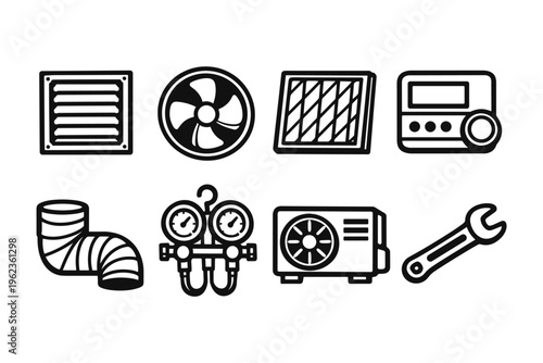 HVAC equipment icons set for climate control and repair services