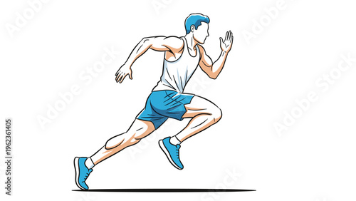 Athletic man in a tank top and shorts running at high speed for fitness sports competition and healthy lifestyle motivation concepts.