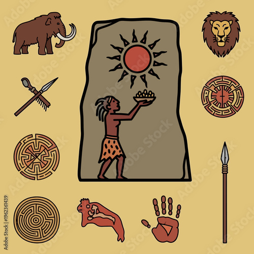 Prehistoric Cave Art: Mammoth, Lion, Sun, Maze, Handprint, Spear, Ancient Symbols