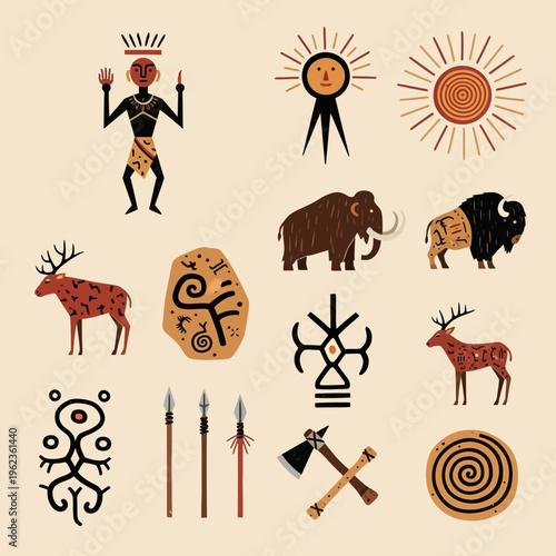 Prehistoric Cave Art Symbols: Mammoth, Bison, Deer, Sun, Warrior, Tools