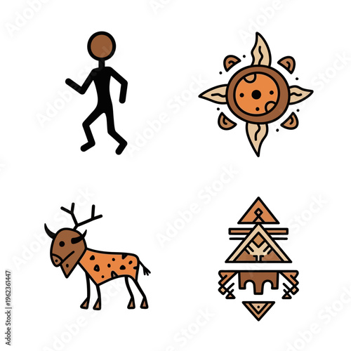 Primitive tribal art icons: dancing man, sun, deer, geometric pattern