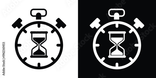 Stopwatch with hourglass symbol icon. Vector graphic combining two time elements to represent urgency, waiting time, and history. Perfect for management and countdown themes.