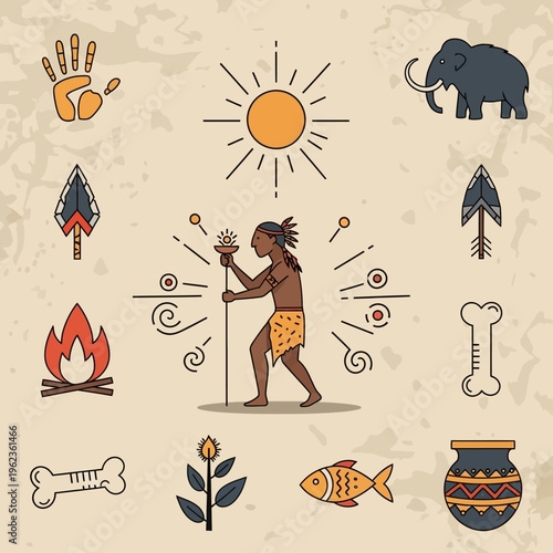 Prehistoric Man with Torch, Mammoth, Fire, Tools, and Cave Art Elements
