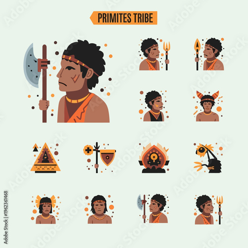 Primitive Tribe Warriors Icons: Tribal People, Ancient Culture, Ethnic Symbols, and Tools