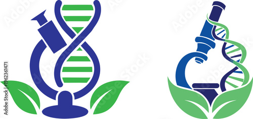 Microscope and dna helix with green leaf vector logo set for biotechnology research science and medical laboratory icon.