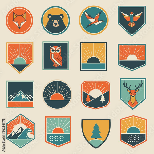 Retro Nature Badges: Animals, Mountains, Sunsets & Landscapes