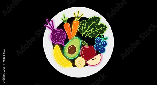 A vibrant plate of fresh fruits and vegetables on a table indoors.