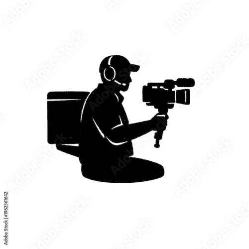Professional Cameraman Operating Video Equipment Minimalist Line Art Icon Illustration