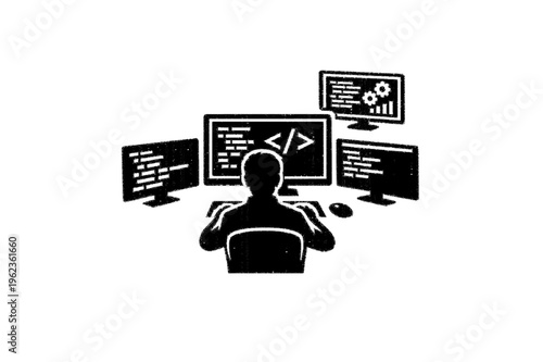 Minimalist Silhouette of Software Developer Working on Digital Code Interface