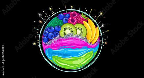 Vibrant fruit salad with kiwi, banana, berries in a colorful bowl on black