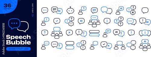 Bild auf Leinwand Modern AI chatbot and speech bubble outline icon set, linear blue communication