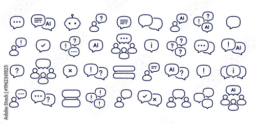 Modern AI chatbot and speech bubble outline icon set, linear people communication symbols, artificial intelligence message and dialogue line art collection, thin line chat bubbles for UI UX design