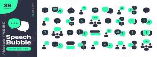 Modern AI chatbot and speech bubble neon icon set, premium people communication symbols, artificial intelligence message and dialogue collection, mint green chat bubbles for UI UX design