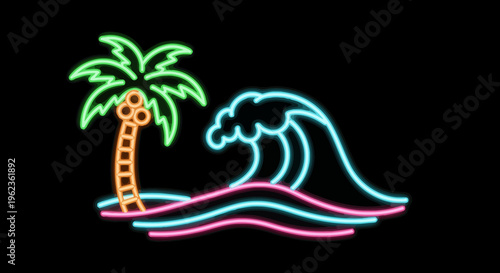 Neon sign of a palm tree standing on a beach with a large wave crashing.