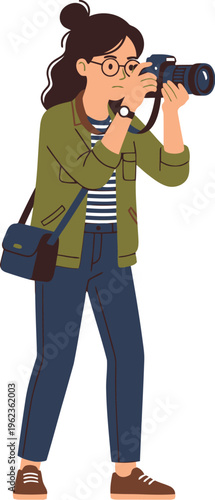 Young woman with glasses photographs scene aiming camera in focused artistic.