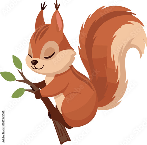 Cute squirrel sleeping on branch cartoon character peaceful woodland animal vector illustration