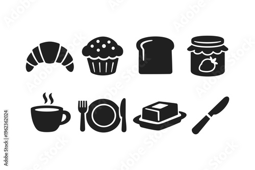 Collection of breakfast icons including coffee, pastry, bread, and spreads