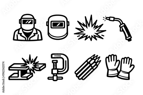 Welding equipment and safety gear icons for industrial and DIY projects