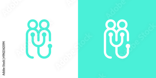 Dual meaning logo combining people and stethoscope elements, symbolizing healthcare support, human care, medical services, trust, and patient-centered wellness solutions.