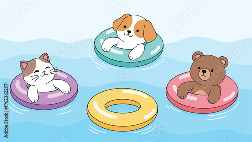 Cute cat, dog, and bear characters are happily floating on colorful inflatable rings in clear blue water.
